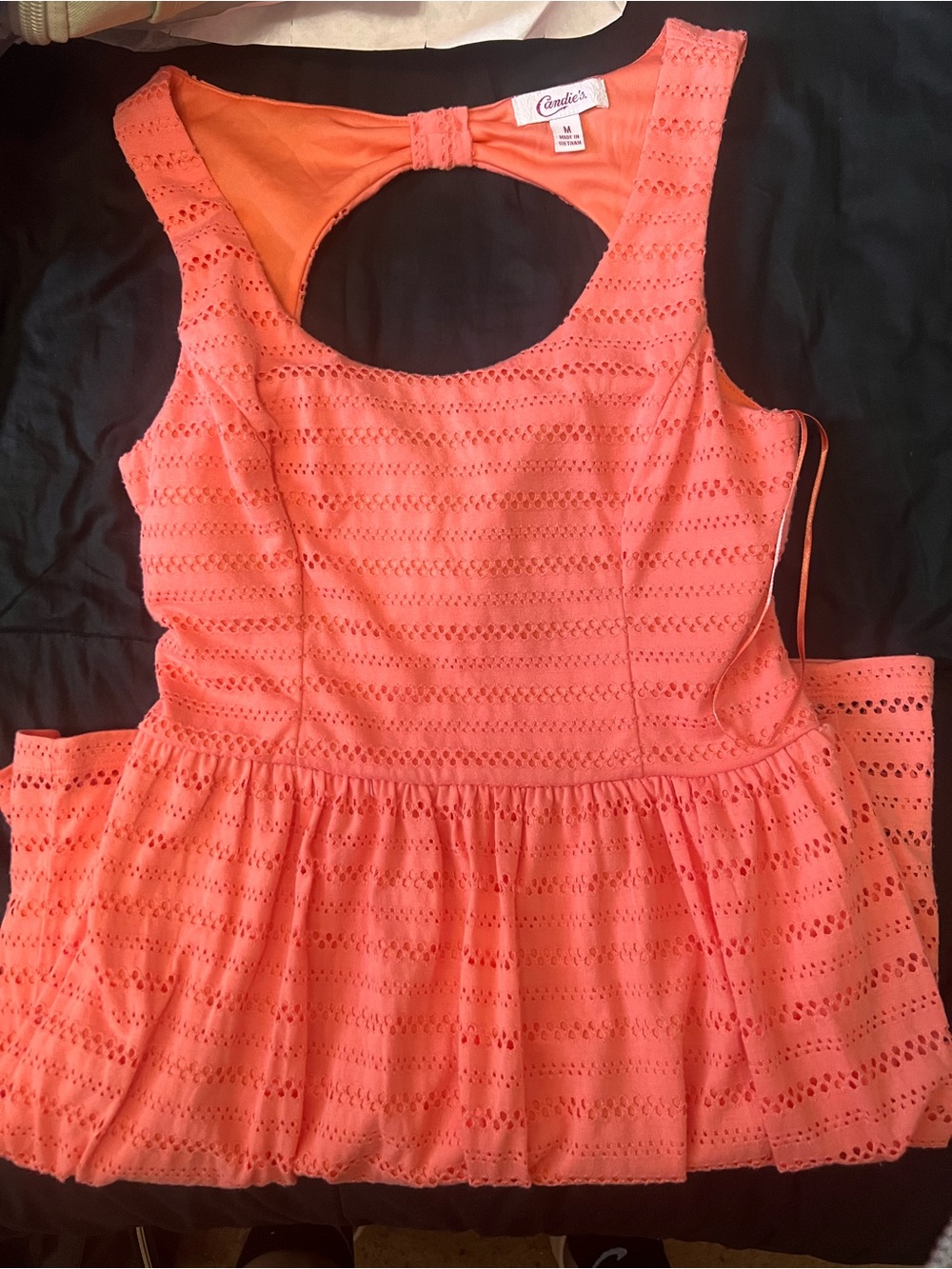 Candie's Coral Eyelet Fit & Flare Dress with Keyhole Back